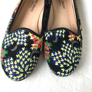 Anthropologie Jon Josef Floral Embroidered Black Flats Made in Spain Shoes 7.5